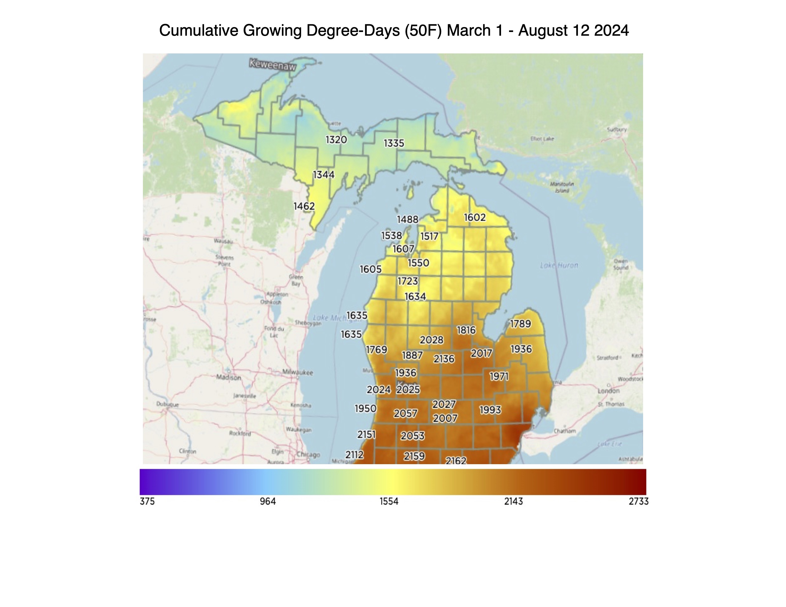 Enviroweather cumulative growing degree days, Enviroweather heat accumulation.